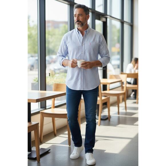 Aeropostale Vintage L Button Down Blue Stripe Long Sleeve Cotton Dress Shirt - Picture 2 of 9